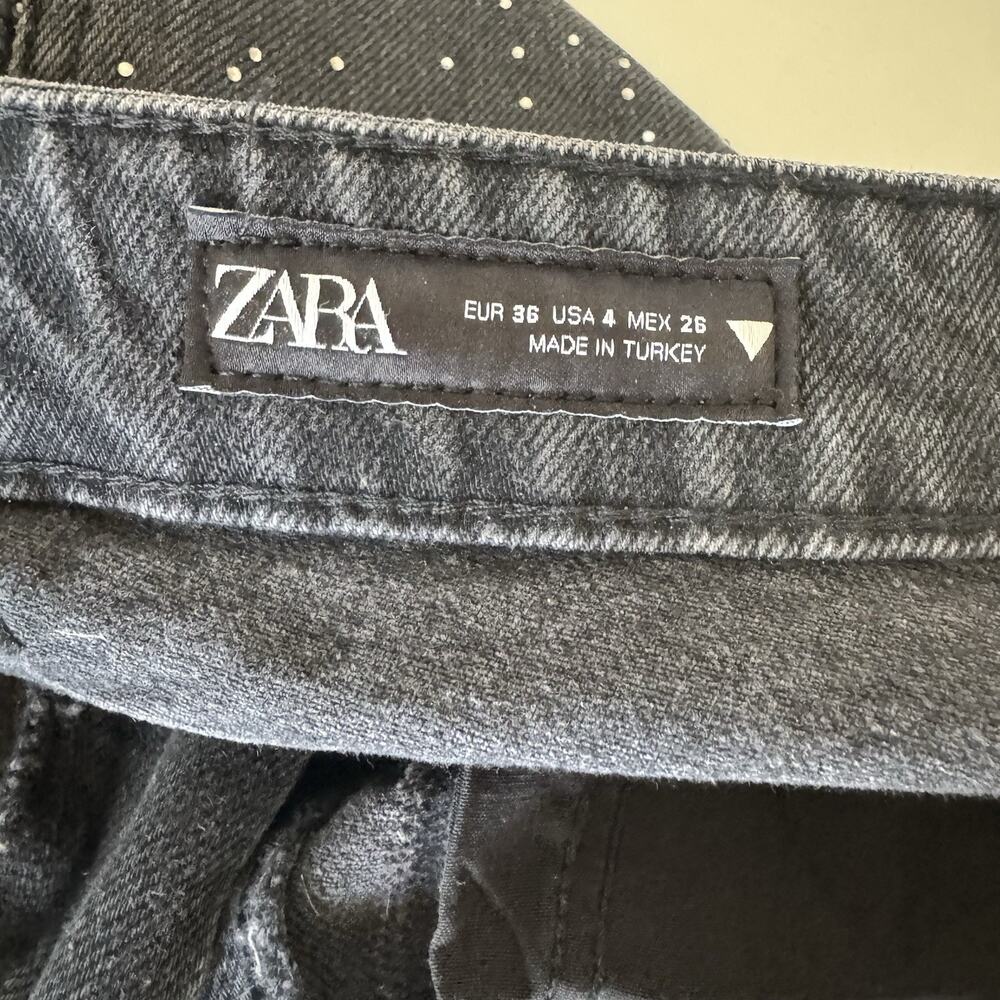 Zara Rhinestone Embellished Black Denim Jeans Size 4 Sparkly Wide Leg Glam EUC - Picture 6 of 9